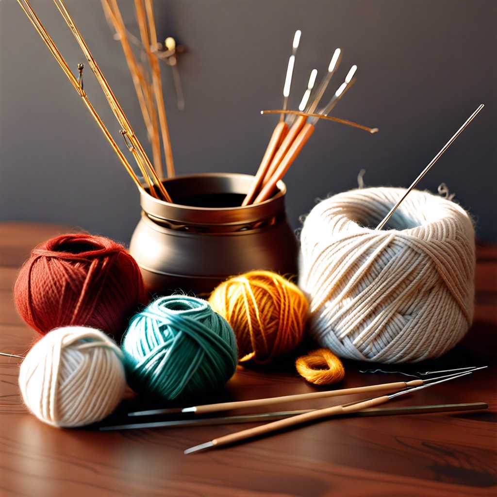 basket of yarn balls and knitting needles