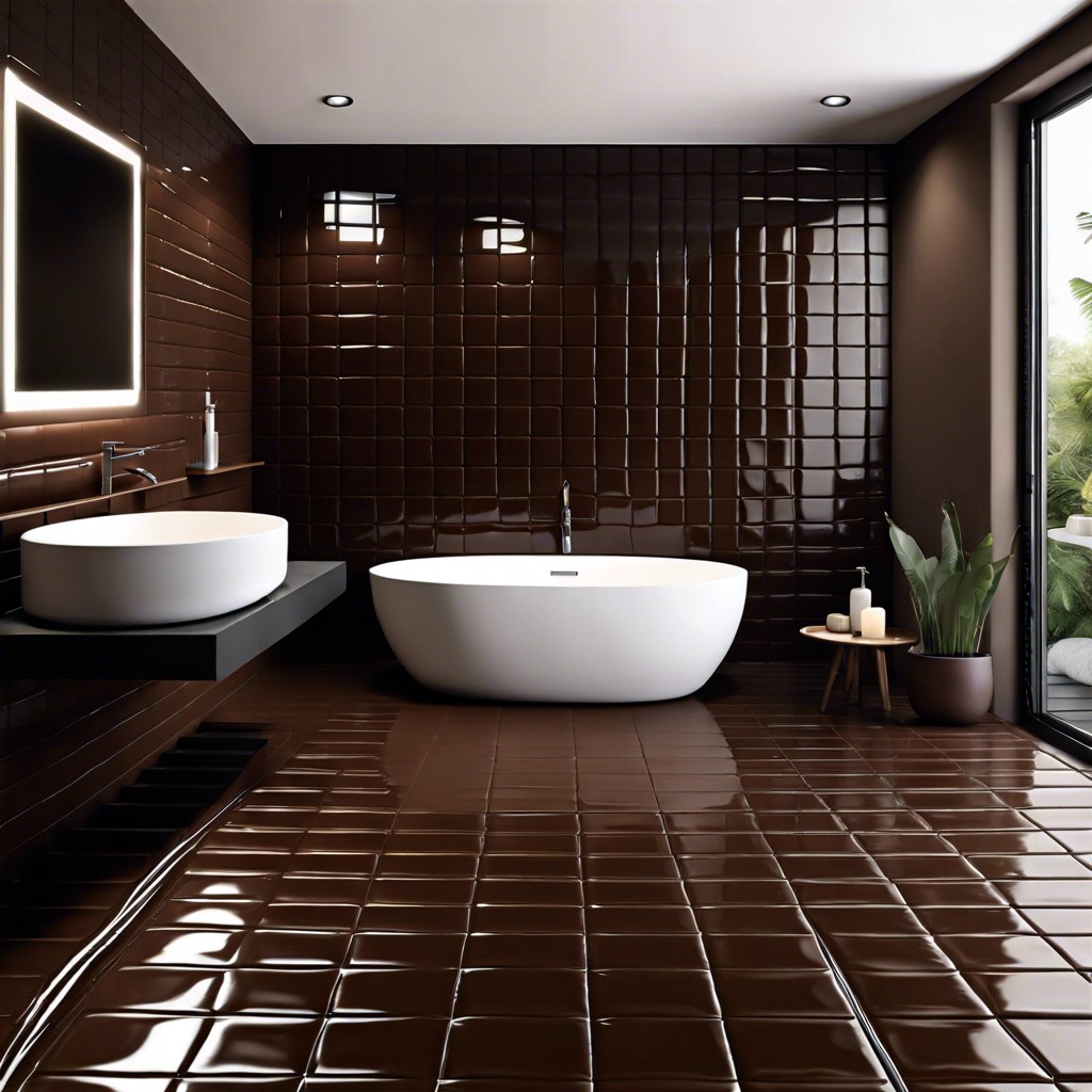 bathroom with dark molten chocolate tiled walls and ceiling