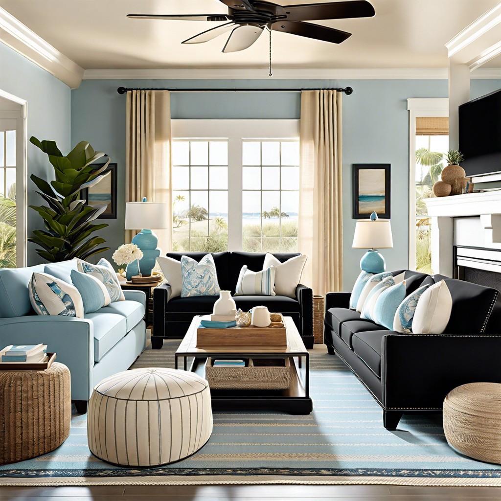beach house breeze contrast the black couch with light blues white and sand colored decor