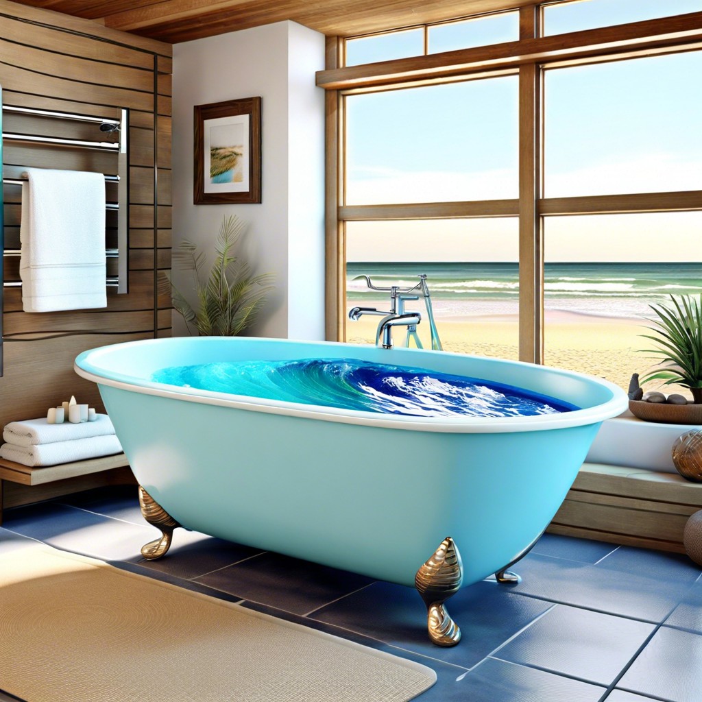 beach inspired theme with a sandy textured floor and a light blue tub inside a wave like curved shower