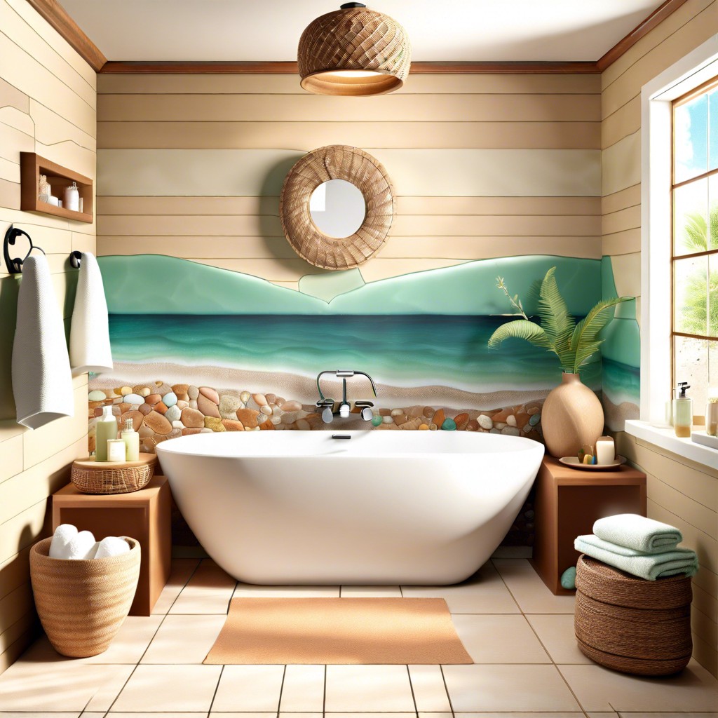 beach vibes mix sandy brown tiles with sea glass accents for a beach inspired theme