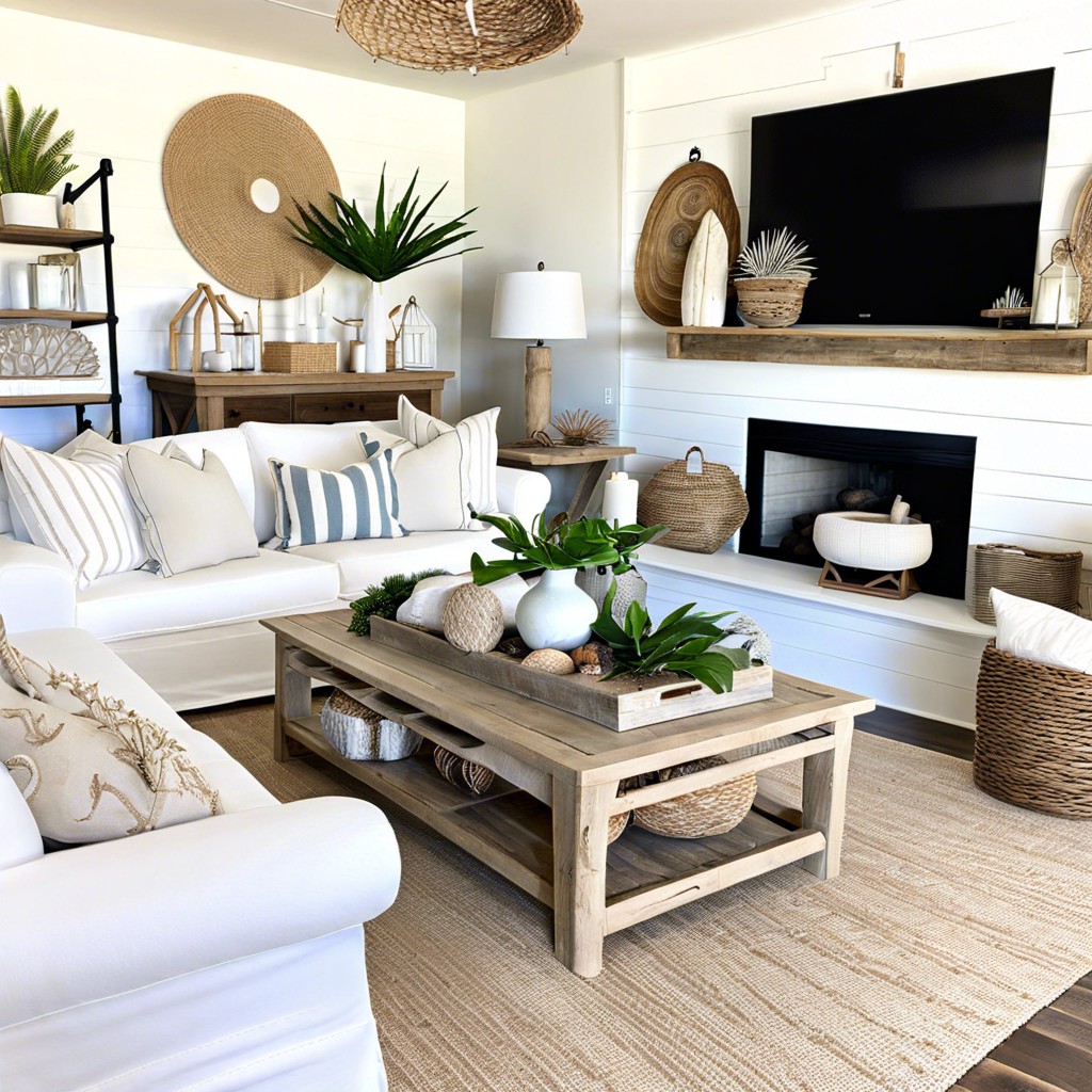 beachy vibes with white linen couches and driftwood accents