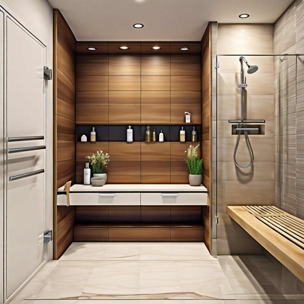 bench with integrated soap and shampoo niches