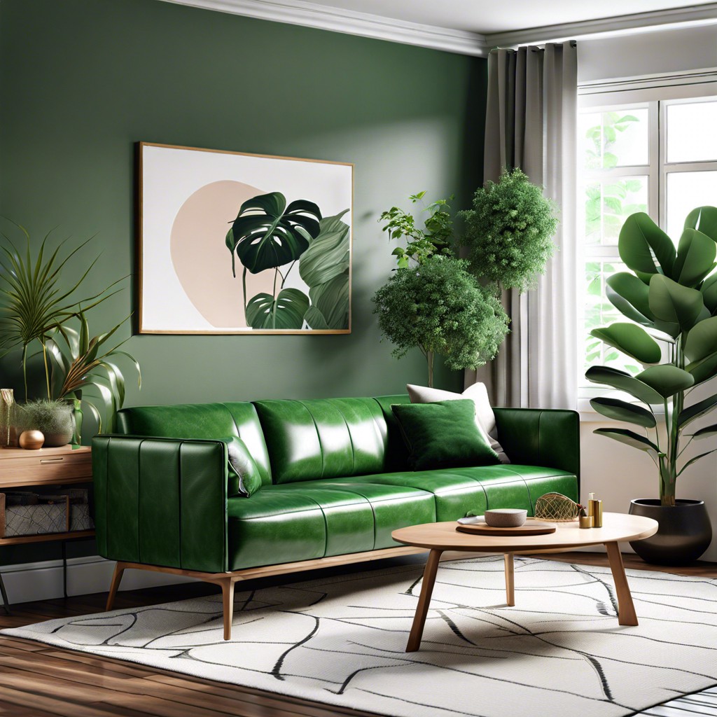 biophilic design inspired green leather sofa with plant integration