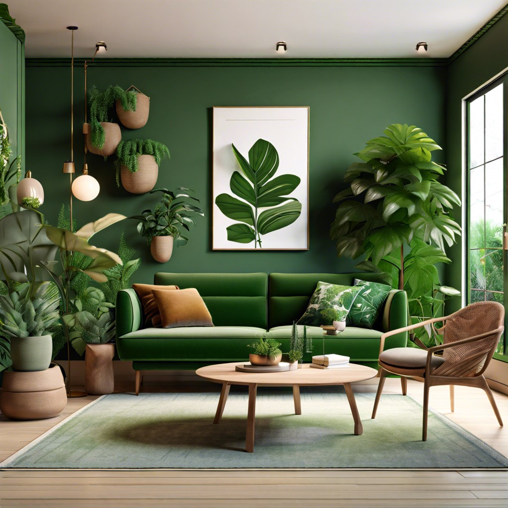 biophilic design with a green corner sofa and lots of plant decor