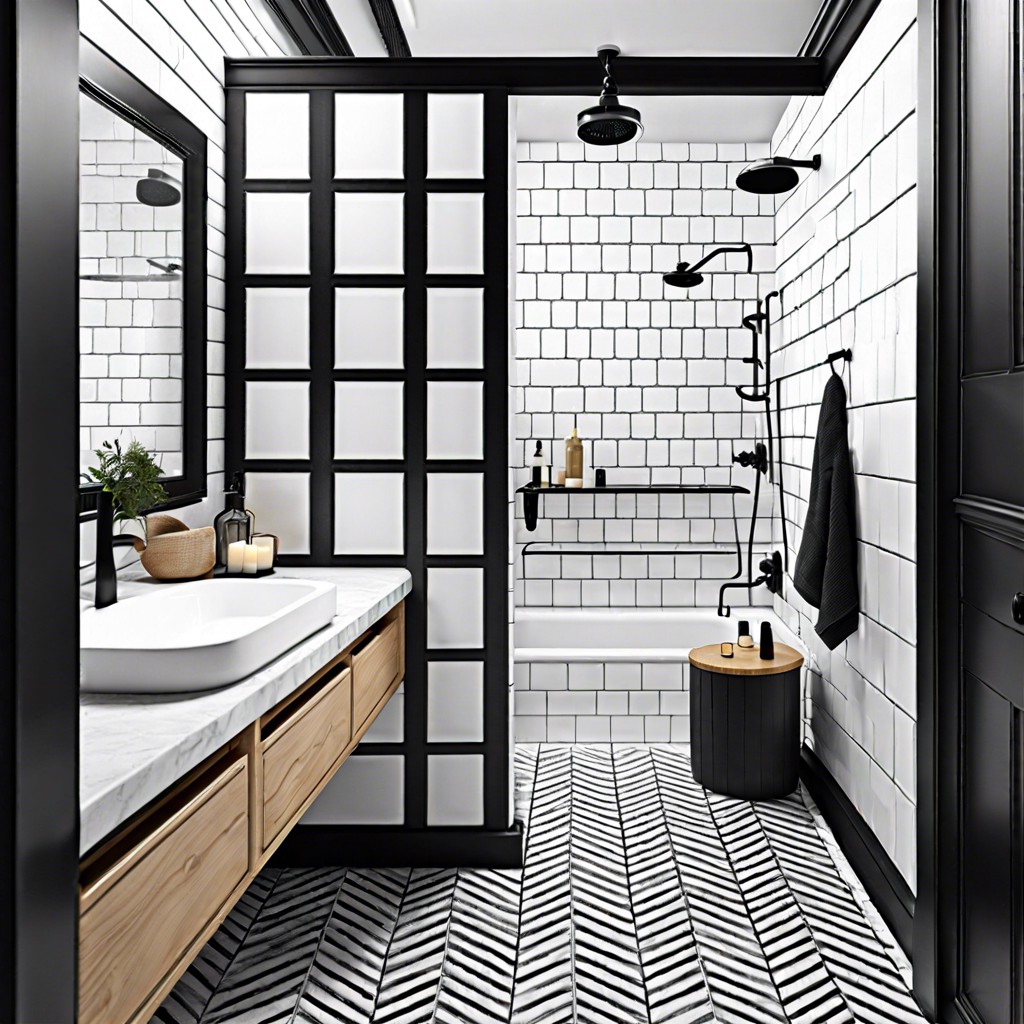 black amp white install black picket tiles with white grout for a classic look