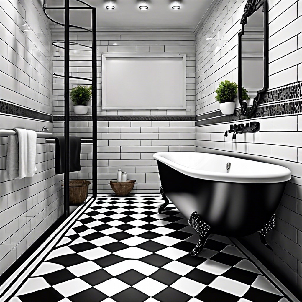 black and white checkered pattern with a pop of red tiles