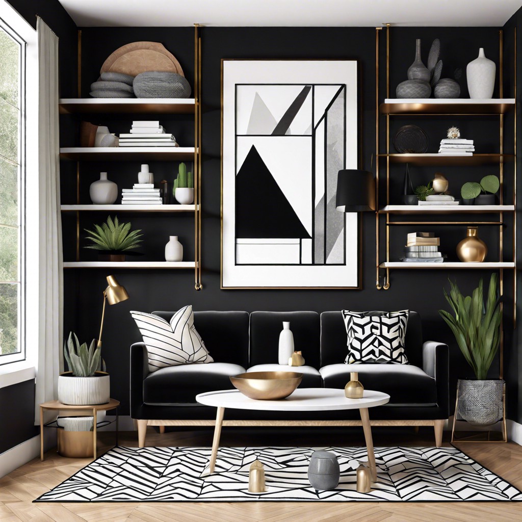 black and white patterned couch with geometric shelves