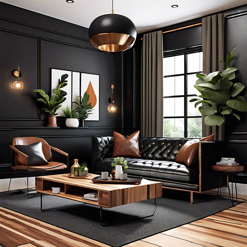 black leather sofa with a dark wood accent wall