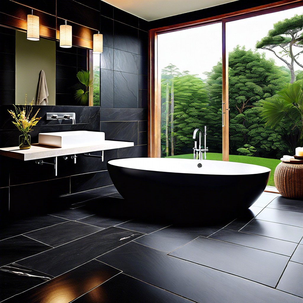 black limestone tiles with a minimalist zen design