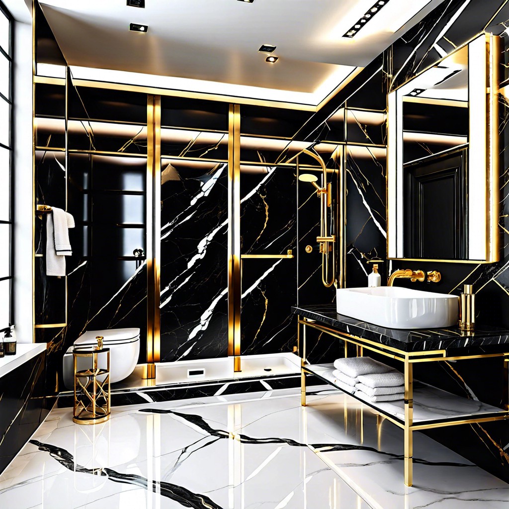 black marble tiles with white veining and gold fixtures