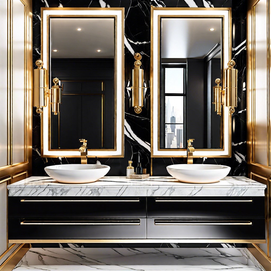 black marquina marble vanity top with gold fixtures