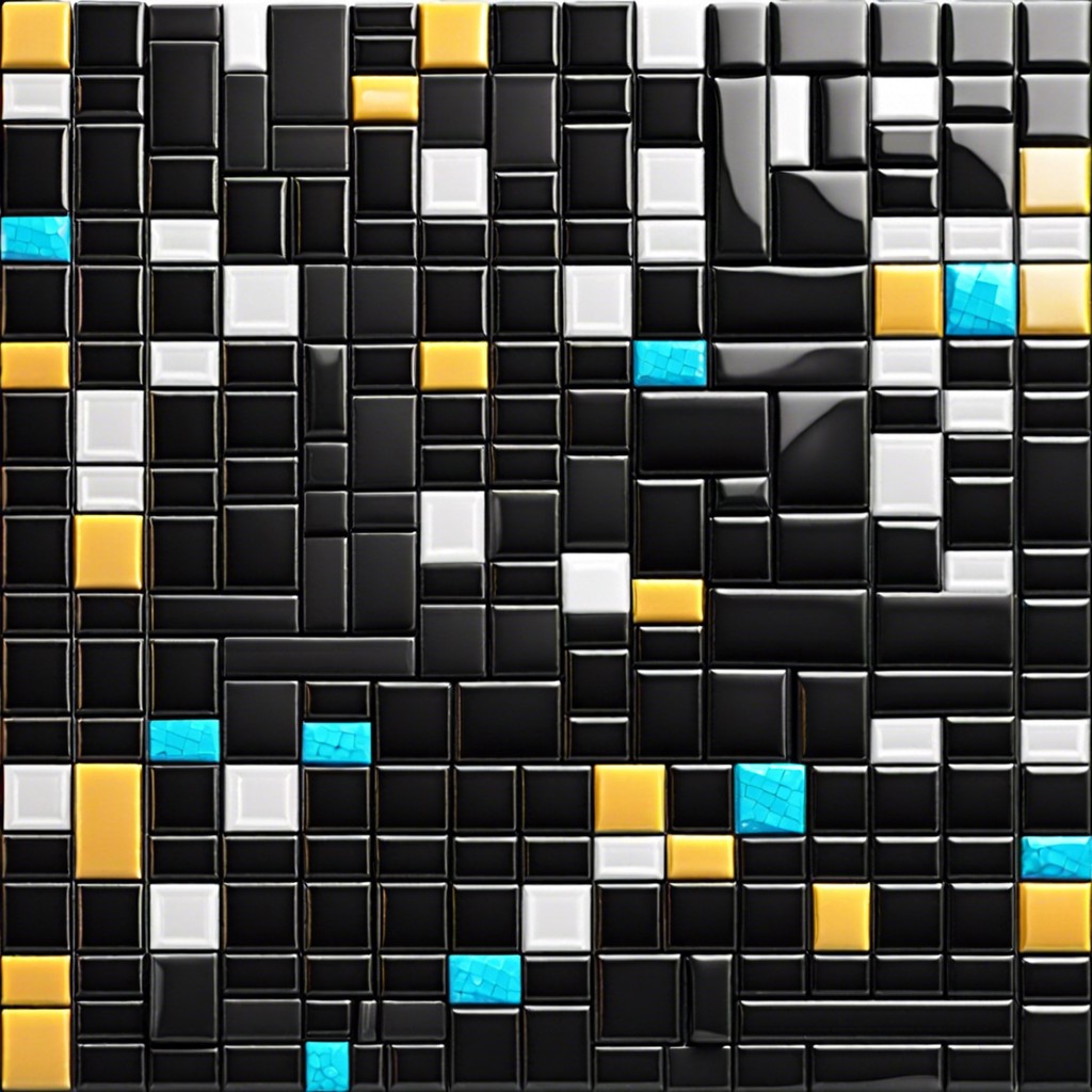 black mosaic tiles with colored specks