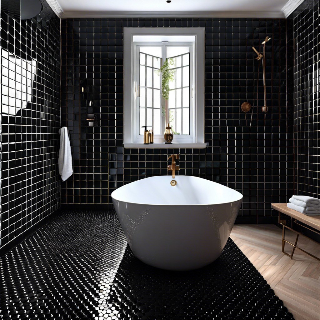 black penny tiles with black grout for a seamless look