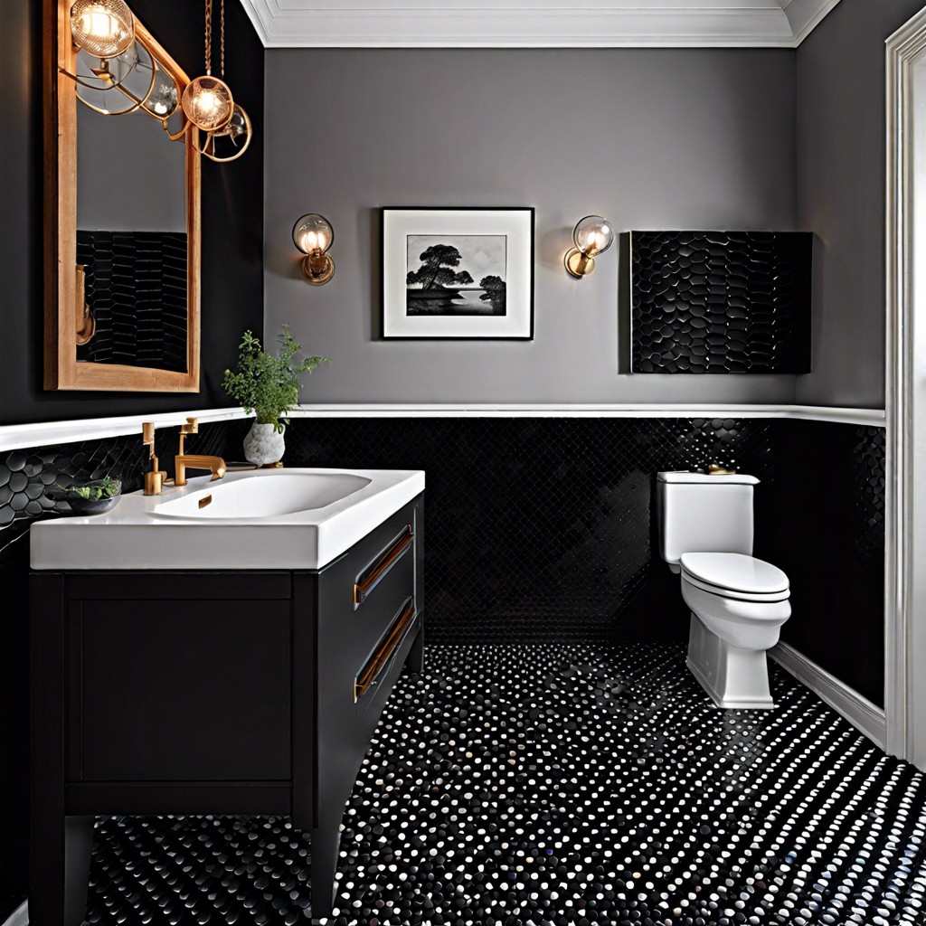 black penny tiles with themed grout color