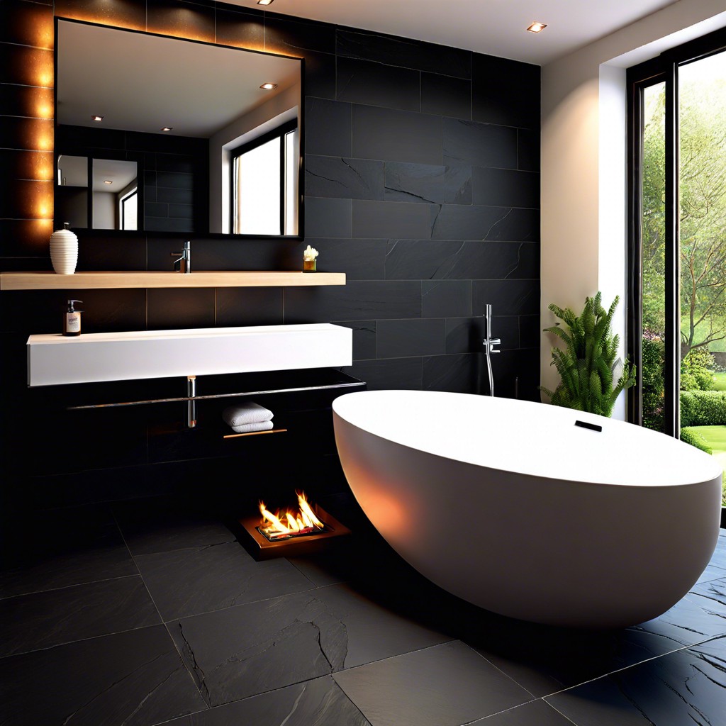 black slate tiles with a wall mounted fireplace