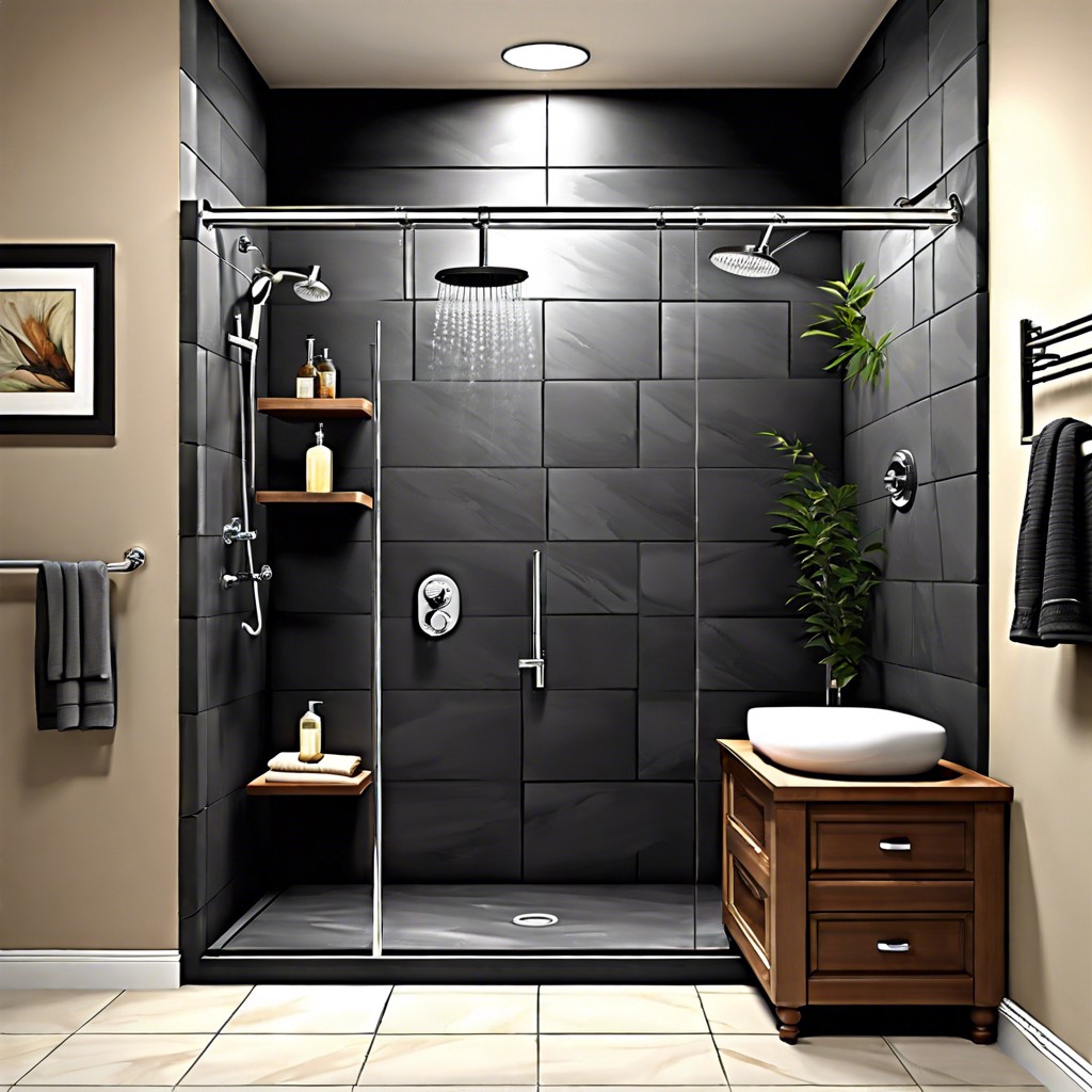 black slate tiles with waterfall shower head