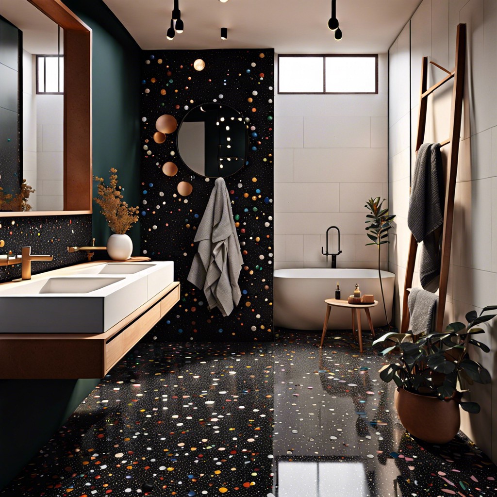 black terrazzo tiles with colorful specks for a playful twist