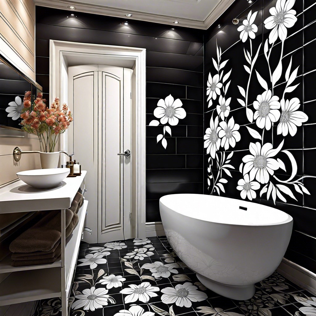 black tiles with white floral stencils