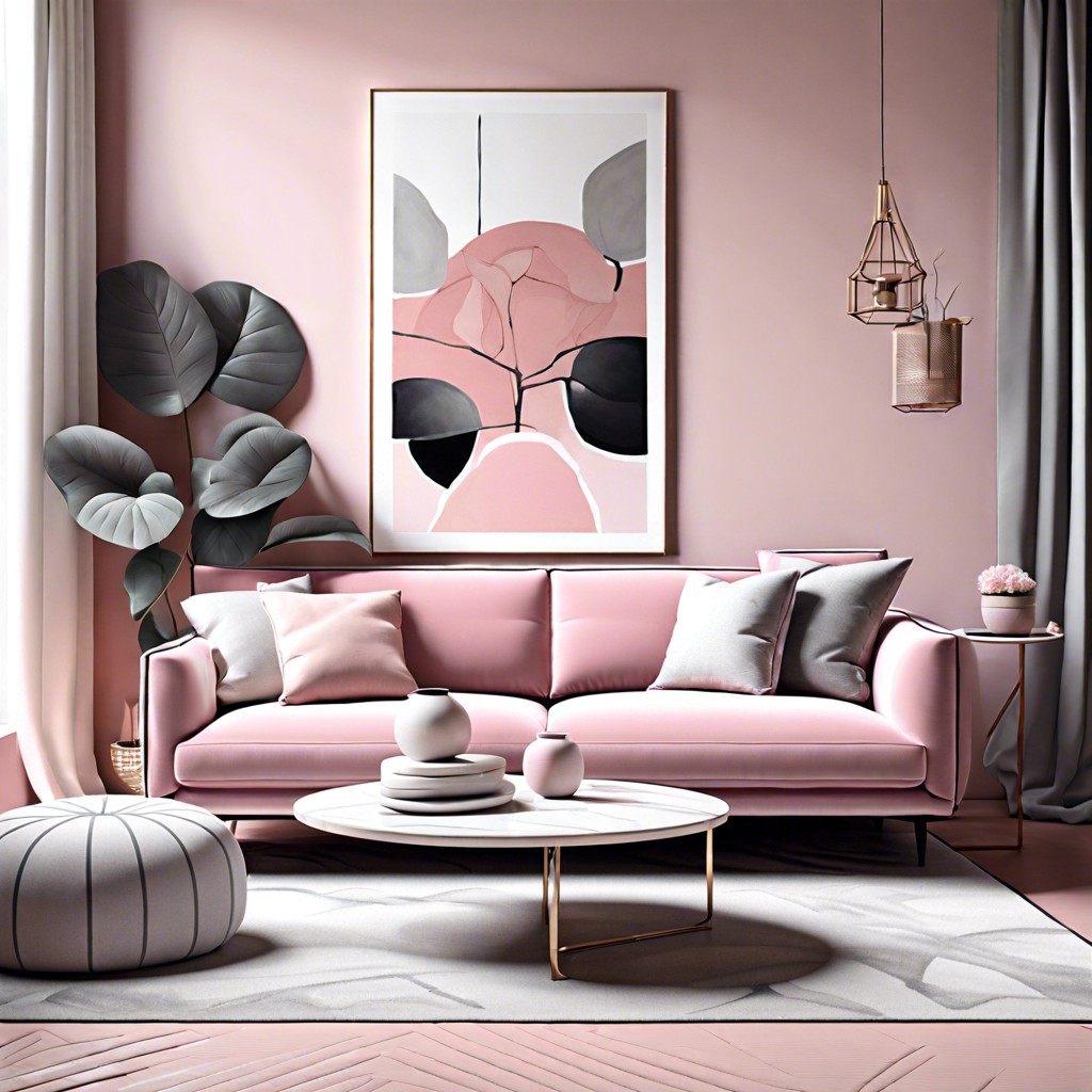 blend the pink sofa with white and grey for a soft chic and streamlined aesthetic
