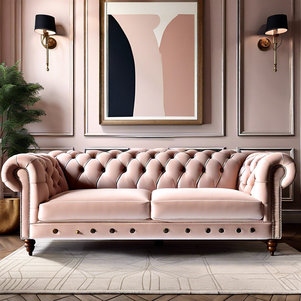 blush chesterfield sofa with button detailing