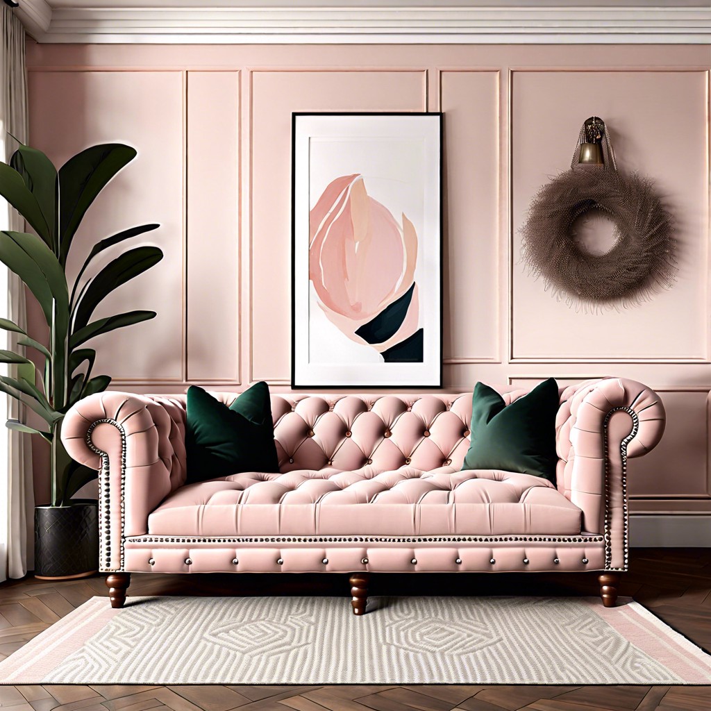 blush pink chesterfield sofa with nailhead trim
