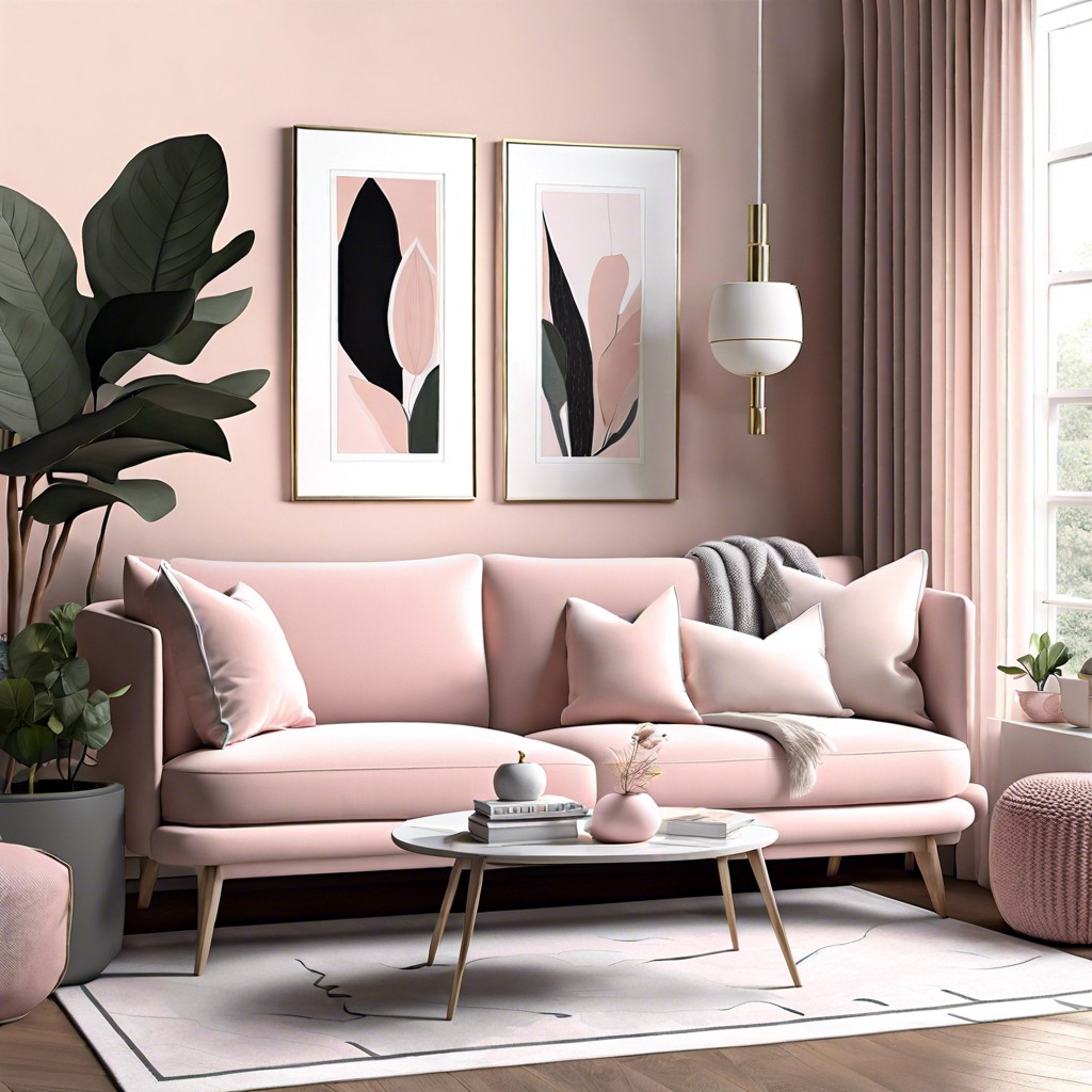 blush pink couch in a room with monochromatic decor
