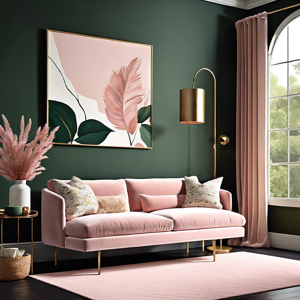blush pink couch paired with a dark green accent wall