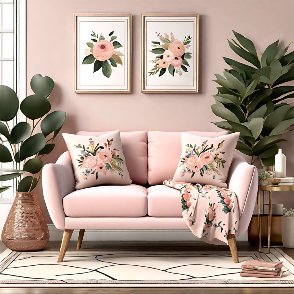 blush pink loveseat with floral throw pillows