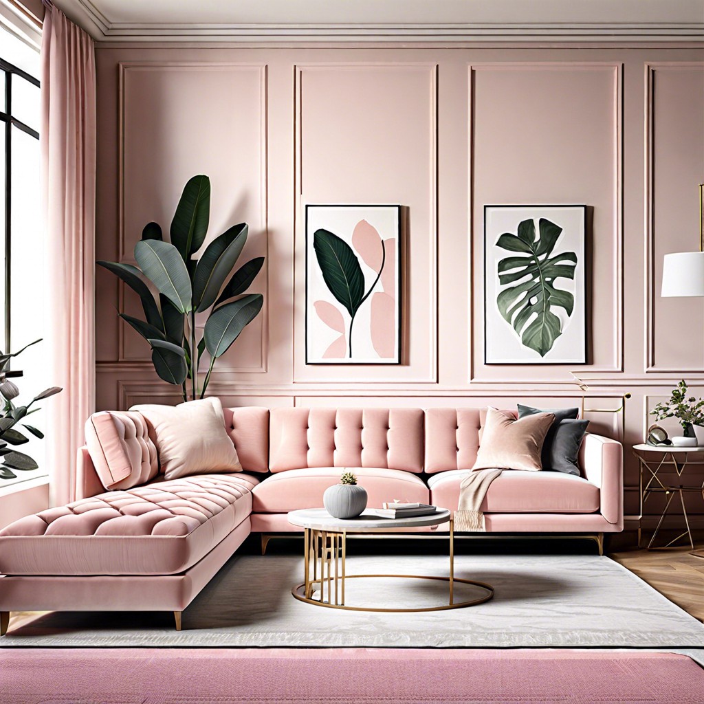 blush pink sectional with tufted details
