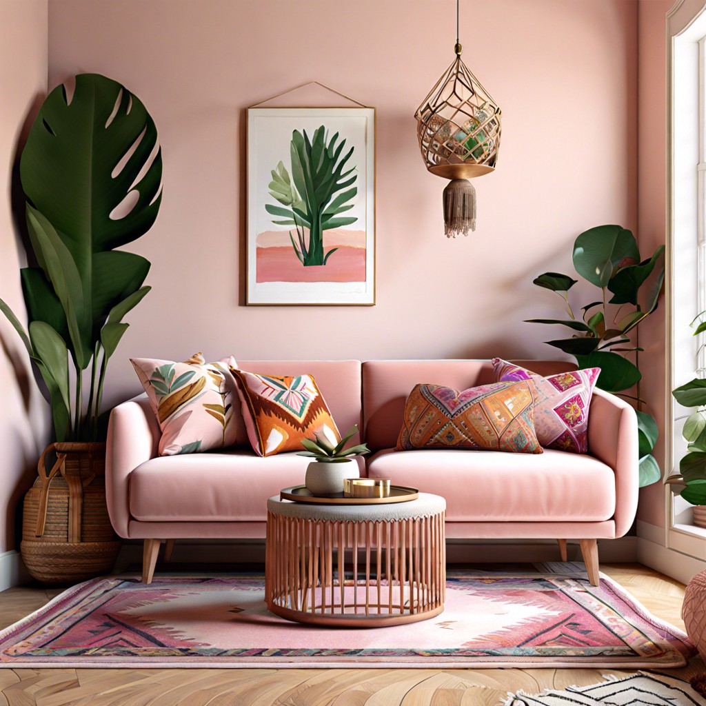 blush pink sofa with bohemian style cushions