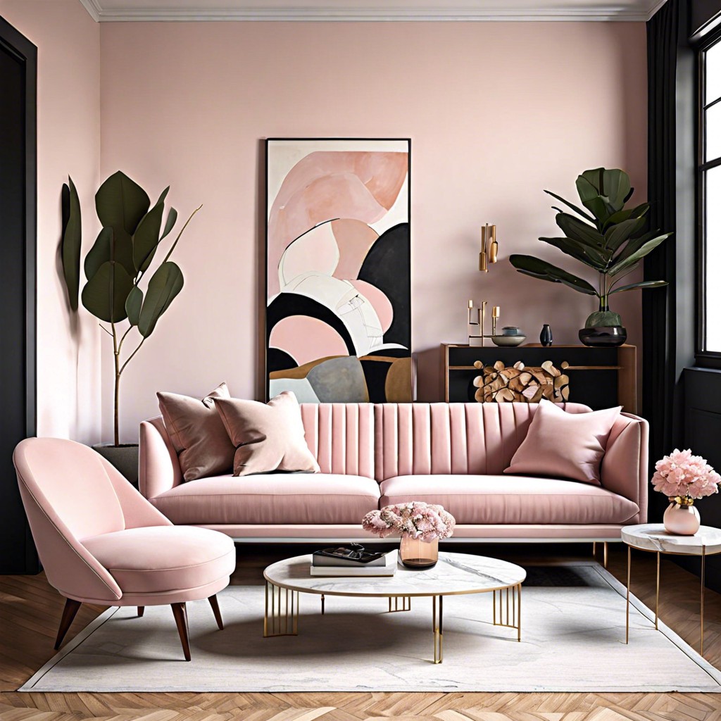 blush pink sofa with mid century modern flair