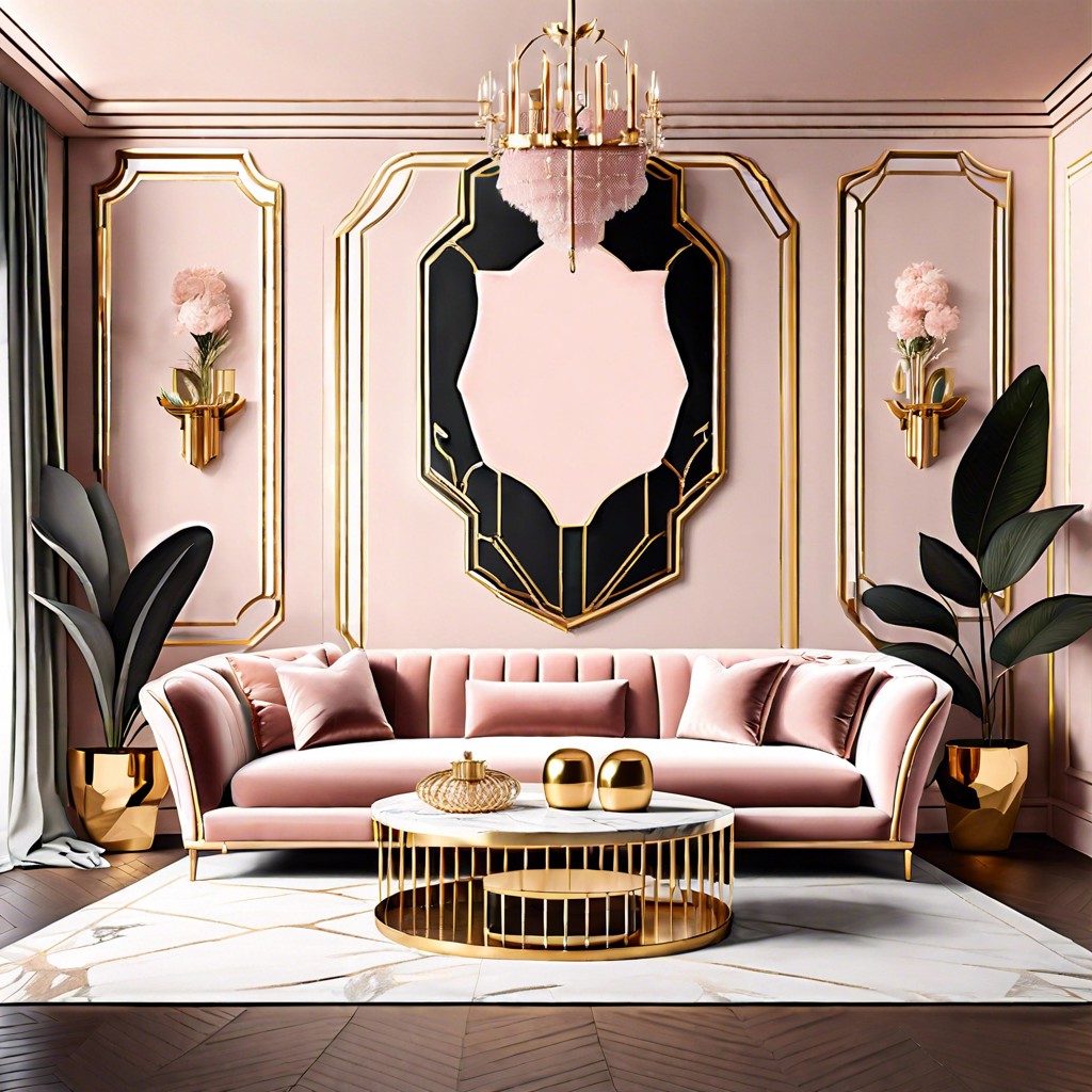 blush pink velvet couch with gold accents