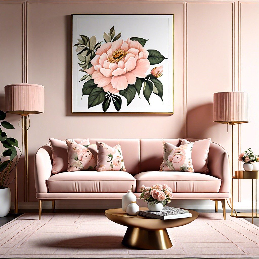 blush sofa with floral accent pillows