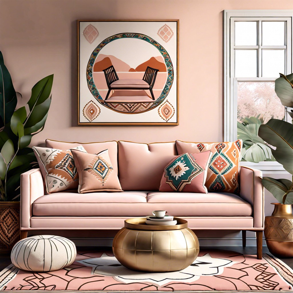 bohemian blush sofa with moroccan pillows
