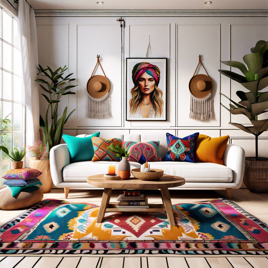 bohemian chic featuring a plush white couch with colorful throw pillows and textiles