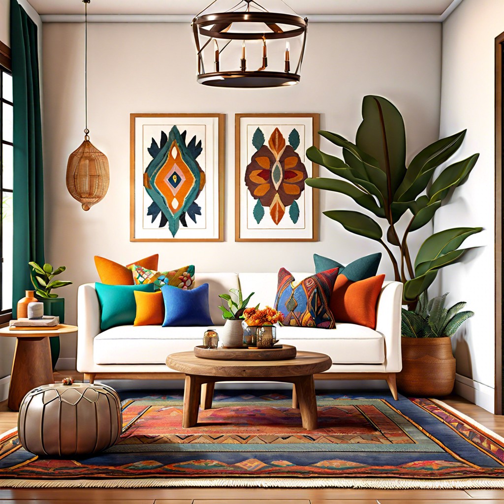 bohemian rhapsody layer colorful throw pillows textured rugs and eclectic decor to complement the white leather