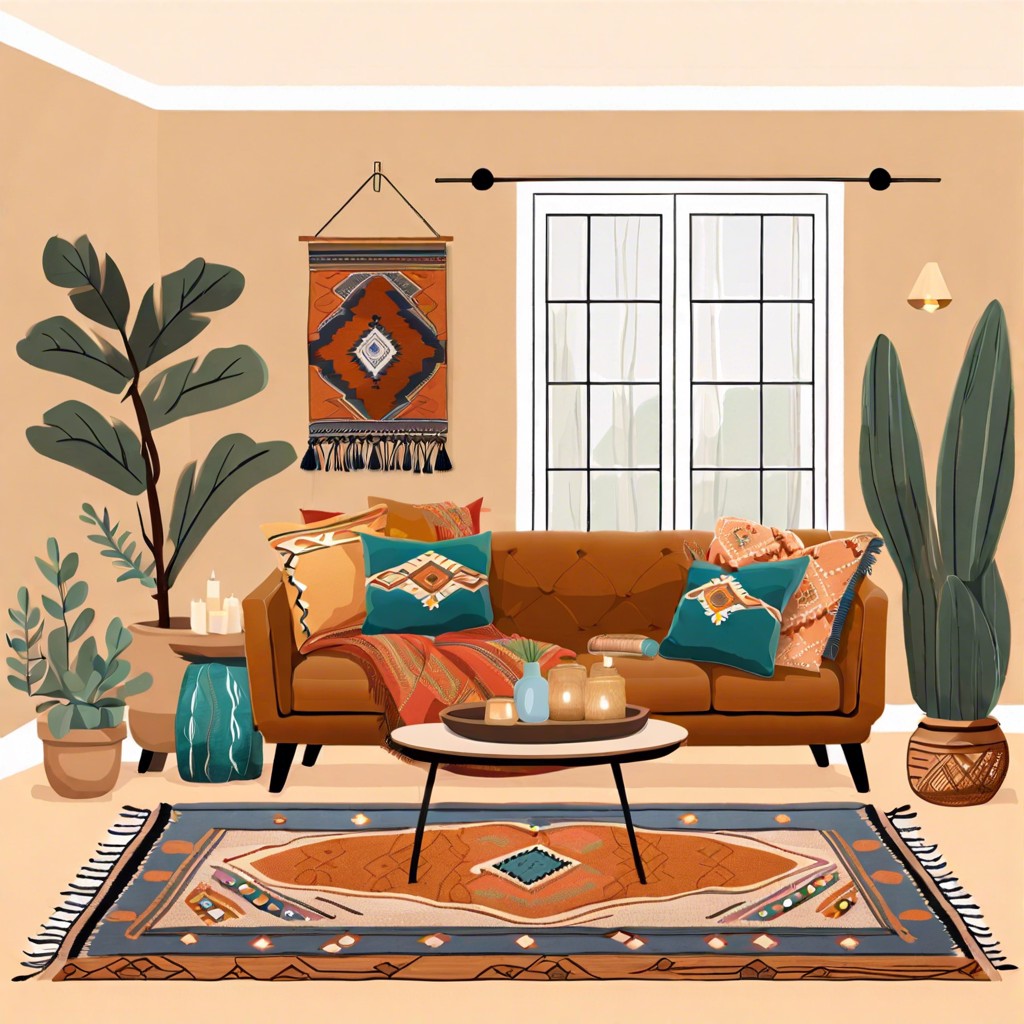 bohemian rhapsody mix colorful throw pillows textured throws and a moroccan rug with the tan couch