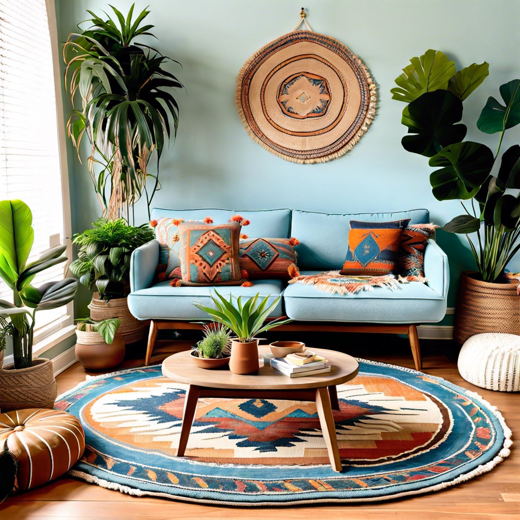 bohemian rhapsody surround a light blue couch with colorful boho pillows layered rugs and indoor plants