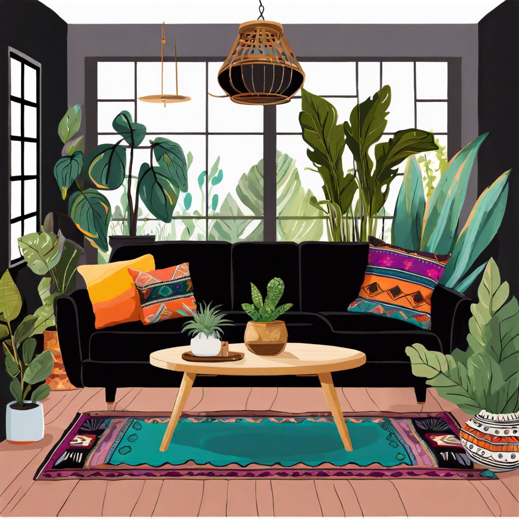 bohemian rhapsody surround the couch with lush plants and colorful eclectic textiles