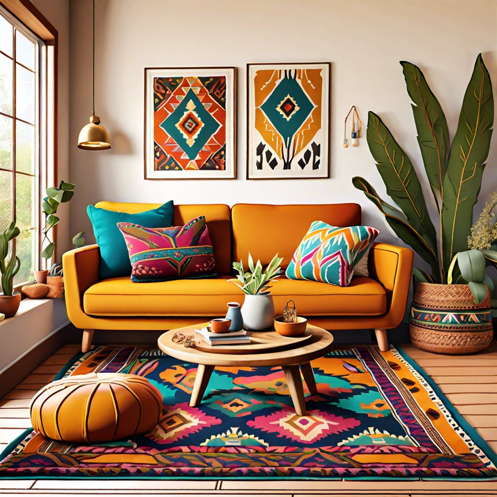 bohemian style with colorful throw pillows and a patterned rug