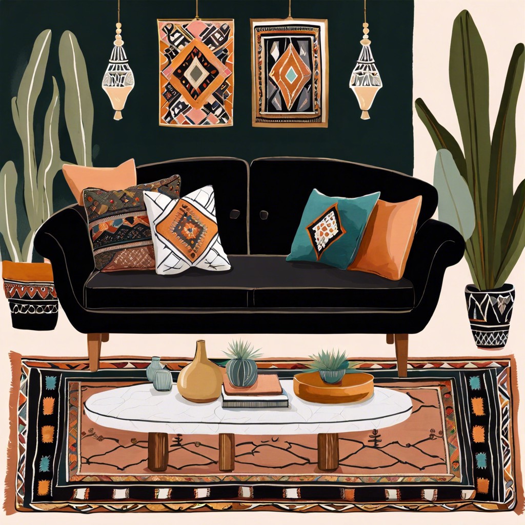 boho bliss black velvet sofa with a mix of patterned cushions and a moroccan rug
