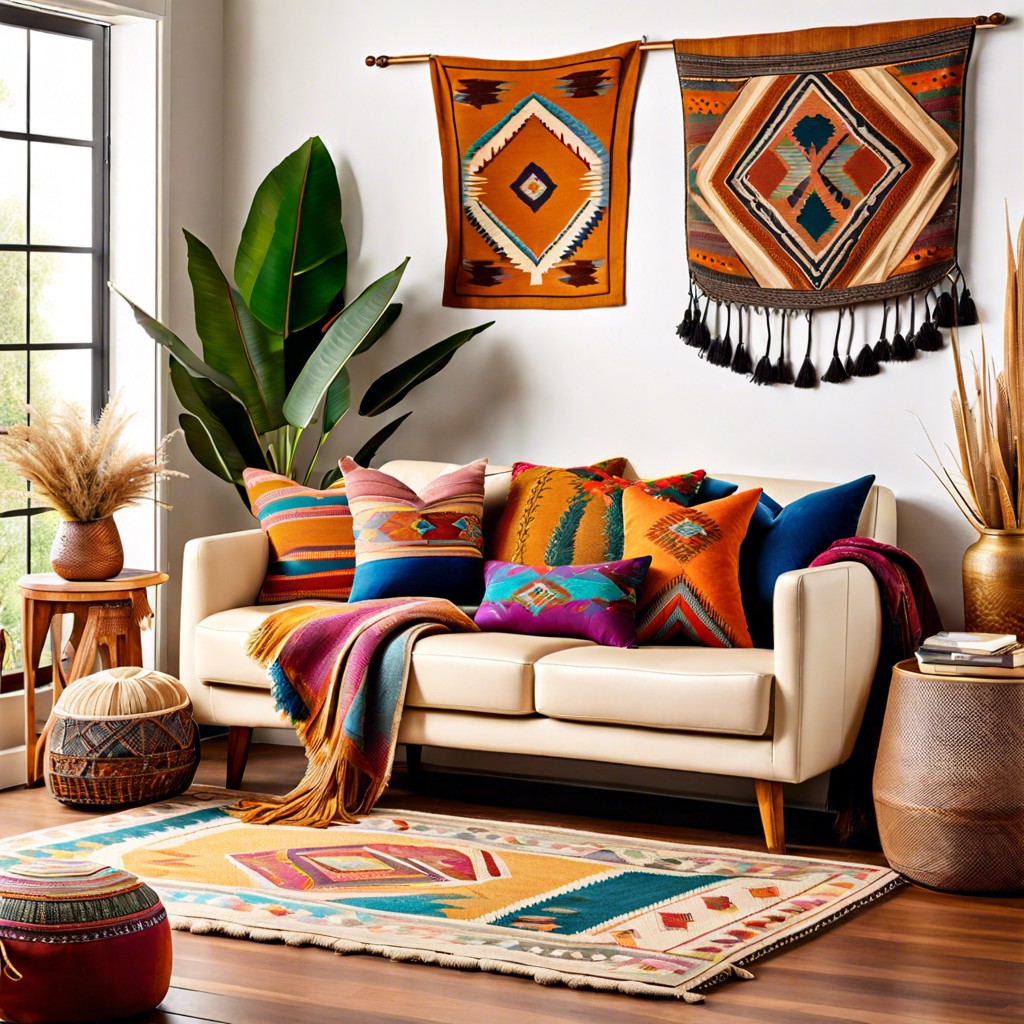 boho chic add colorful throw pillows and woven tapestries