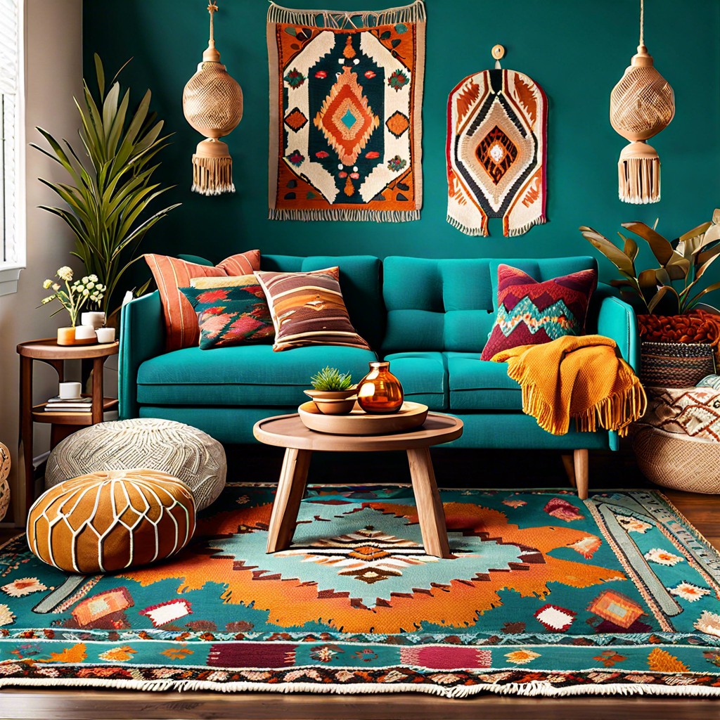 boho chic add colorful throw pillows textured throws and a vintage rug