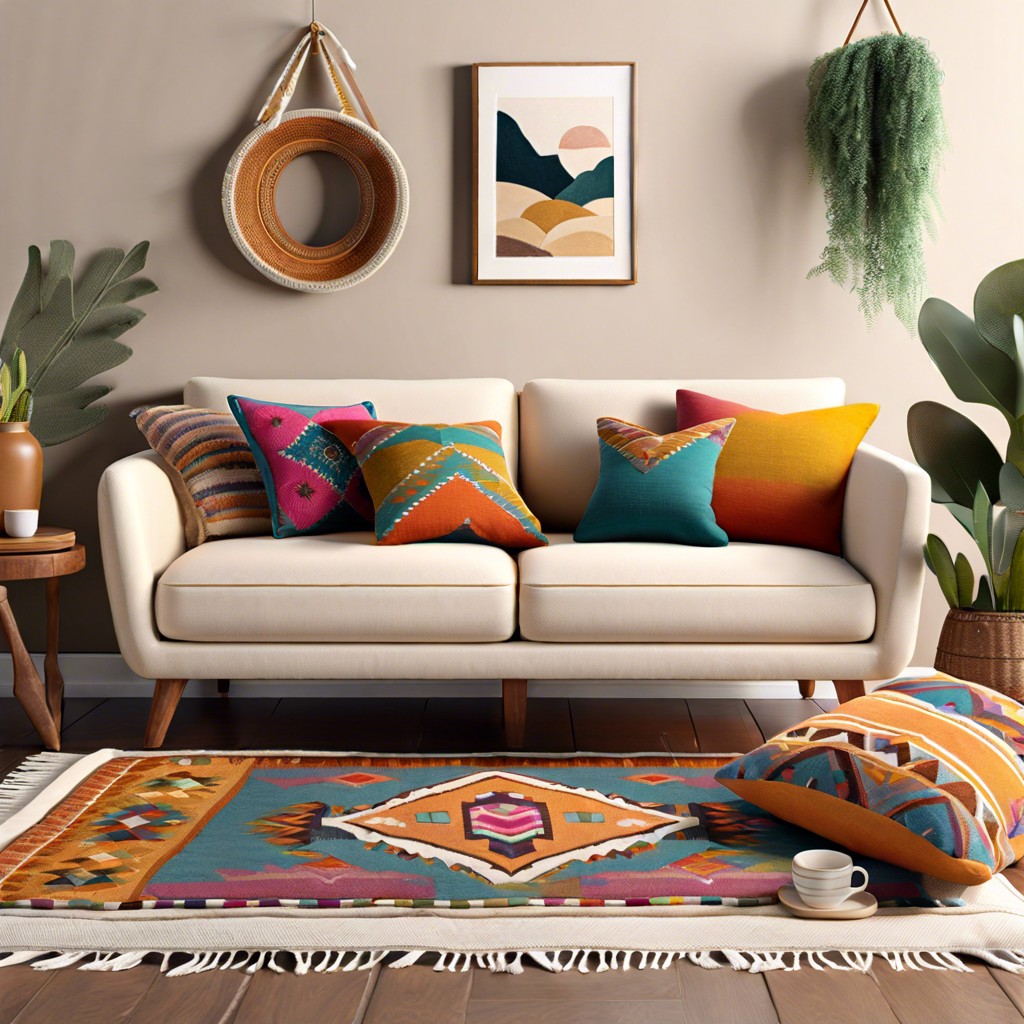 boho chic style with colorful throw pillows and textured throws