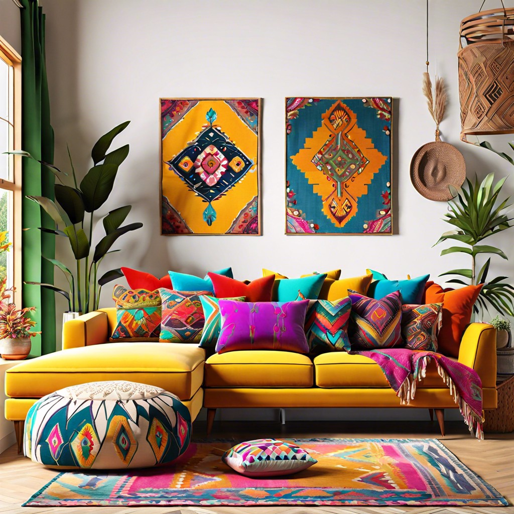 boho style sectional with colorful throw pillows