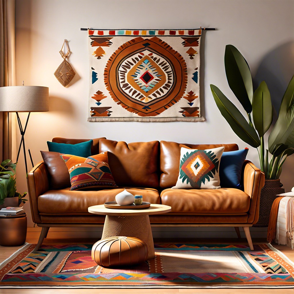 boho vibes add colorful throw pillows and layered rugs to a camel leather sofa