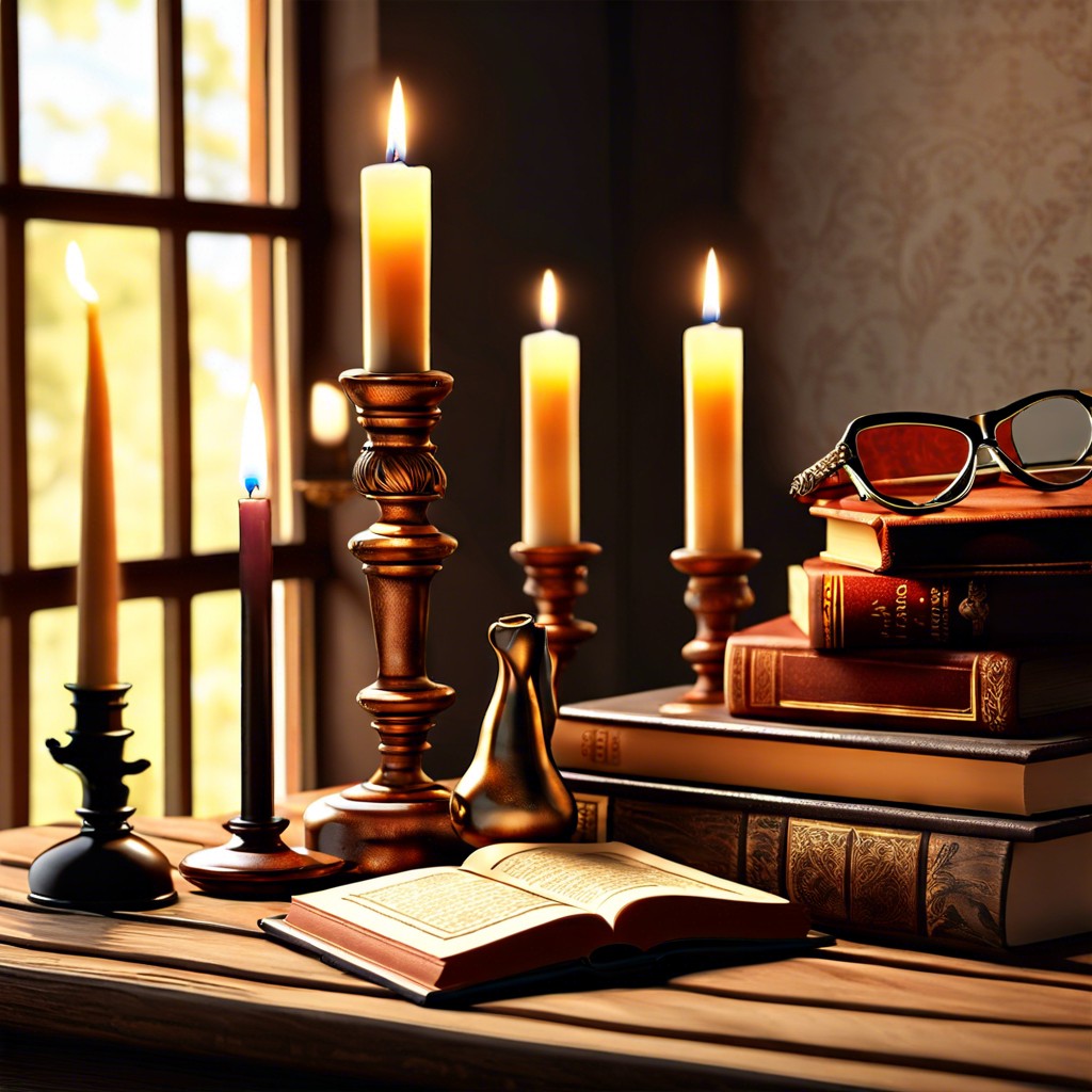 books antique glasses and a candle