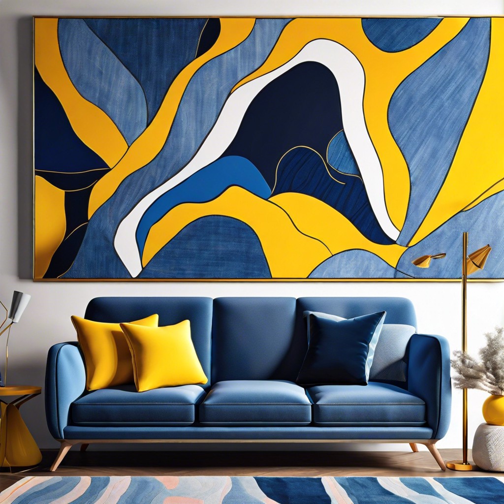 bright and bold contrast the couch with vibrant yellow pillows and abstract art