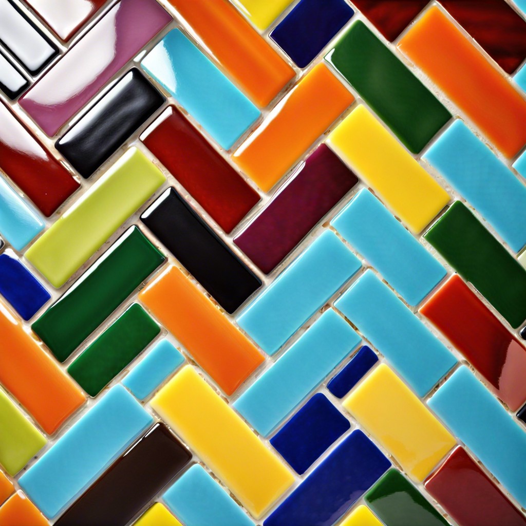 brightly colored subway tiles laid in a herringbone pattern